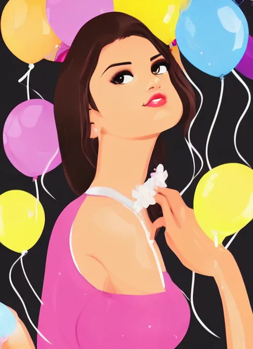 Image similar to beautiful woman resembling selena gomez at a birthday party. balloons. clean cel shaded vector art. shutterstock. behance hd by lois van baarle, artgerm, helen huang, by makoto shinkai and ilya kuvshinov, rossdraws, illustration,