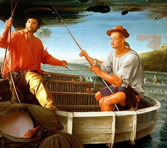 Image similar to Tom hanks as forrest fishing for shrimp in a giant shrimp boat, majestic beautiful world, renaissance painting, amazing detail