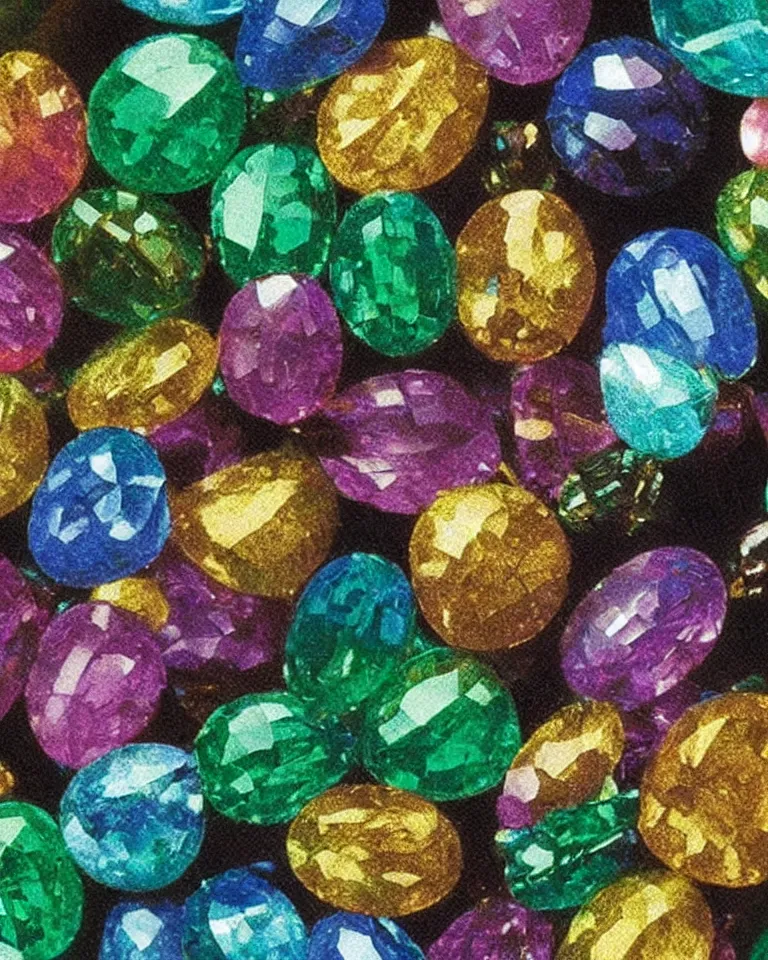 Image similar to “extreme close up print of tiny multi-colored gemstones by Raphael, Hopper, and Rene Magritte. Achingly beautiful, detailed, enchanting, romantic.”