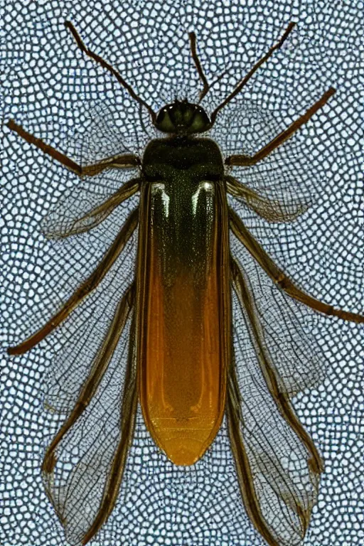 Prompt: transparent rare insect with reaction diffusion patterns. with wings, top down view. close up photo. high detail