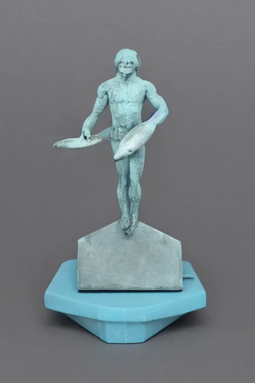 Prompt: a plastic figurine of a dolphin man on a hexagon base, highly detailed