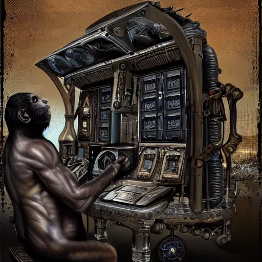 Image similar to Steam computer in ancient time surrounded by apes, highly detailed, highly realistic, artstation, by Hans Giger