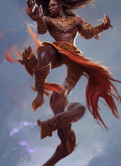 Prompt: a highly detailed illustration of attractive young african fire god with tall hair, heroic kicking pose, intricate, elegant, highly detailed, centered, digital painting, artstation, concept art, smooth, sharp focus, league of legends concept art, wlop