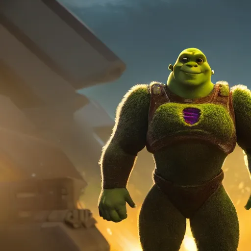 Image similar to shrek as superman in halo 5, splash art, movie still, cinematic lighting, dramatic, octane render, long lens, shallow depth of field, bokeh, anamorphic lens flare, 8 k, hyper detailed, 3 5 mm film grain