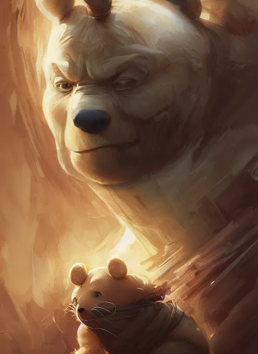 Prompt: Portrait Winne the Pooh, marvel comics, dark, intricate, highly detailed, smooth, artstation, digital illustration by Ruan Jia and Mandy Jurgens and Artgerm and Wayne Barlowe and Greg Rutkowski and Frank Frazetta