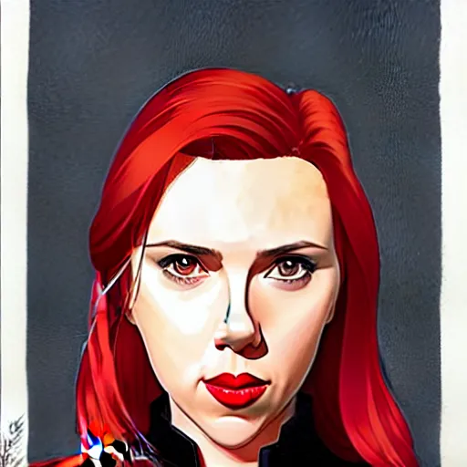 Image similar to phil noto, pretty scarlett johansson black widow, symmetrical eyes, long red hair, full body, city rooftop