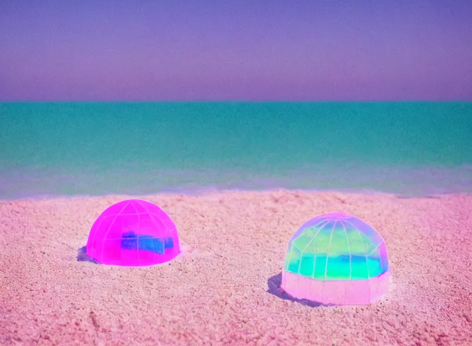 Image similar to a pastel coloured vintage family holiday photo of an empty beach from an alien dreamstate world with chalky pink iridescent!! sand, reflective lavender ocean water, dim bioluminescent plant life and an igloo shaped shiny plastic transparent festival stage and translucent festival box speakers!!. glare. refraction, volumetric light.