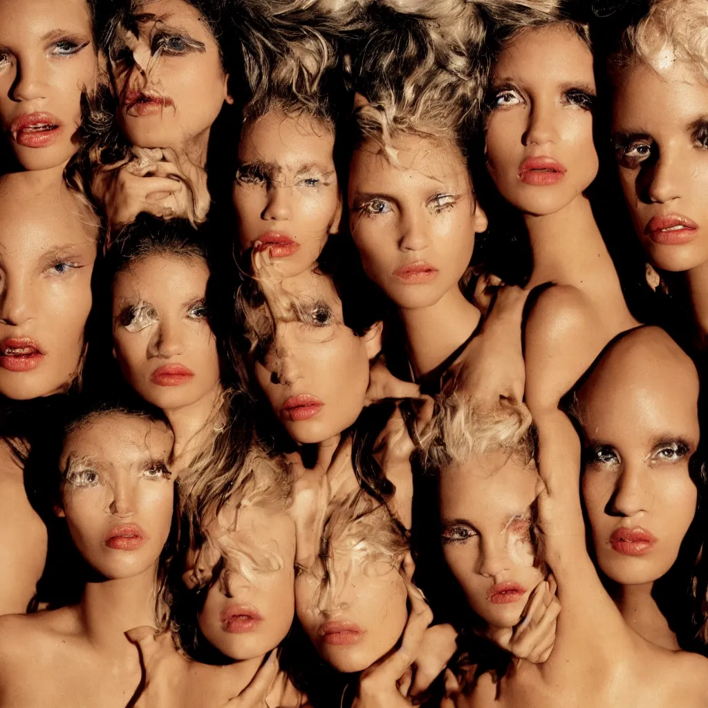 Prompt: a fashion editorial full body and close - up of the models face, photographed by andres serrano