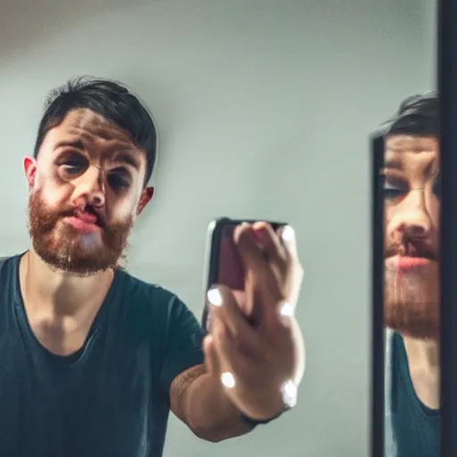 Prompt: a man taking a selfie in the mirror, only to see a strange surreal reality in the reflection