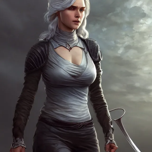 Image similar to cirilla wearing tight in chest shirt, half - opened shirt, ultra realistic, pretty face, extremely detailed face, anatomically correct, symmetrical, concept art, intricate details, highly detailed, photorealistic, octane render, 8 k, unreal engine. art by artgerm and greg rutkowski and alphonse mucha