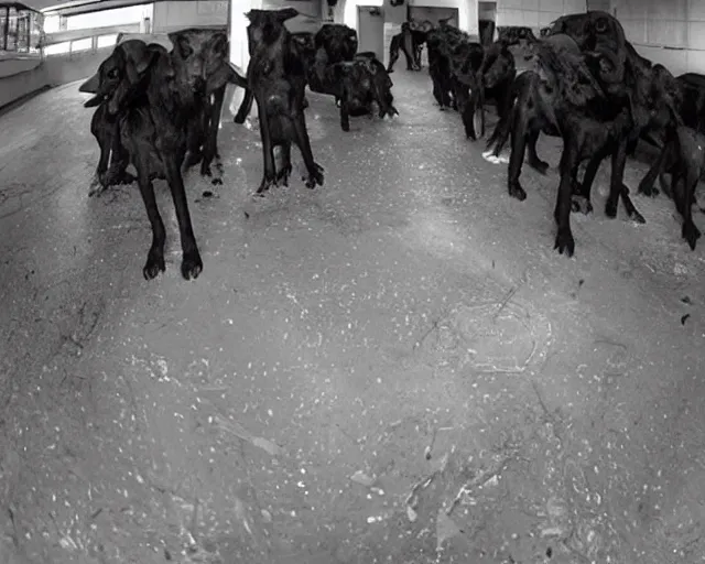 Image similar to camera footage of a Dozens of Feral Black Dogs with rabies in an abandoned shopping mall, high exposure, dark, monochrome, camera, grainy, CCTV, security camera footage, timestamp, zoomed in, Feral, fish-eye lens, Nightmare Fuel, Dog, Evil, Zerg, Brood Spreading, Motion Blur, horrifying, lunging at camera :4