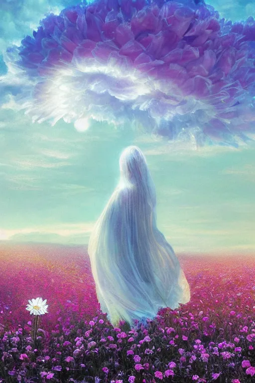 Image similar to giant white daisy flower on head, veiled girl walking in a flower field, surreal photography, sunrise, dramatic light, impressionist painting, colorful clouds, digital painting, artstation, simon stalenhag