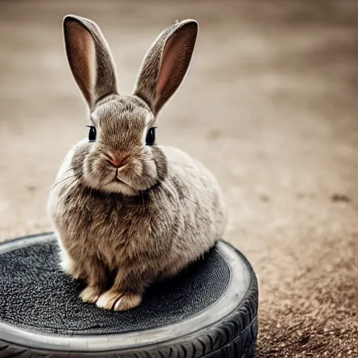 Image similar to a cute bunny sitting on a tire, studio photo, high quality