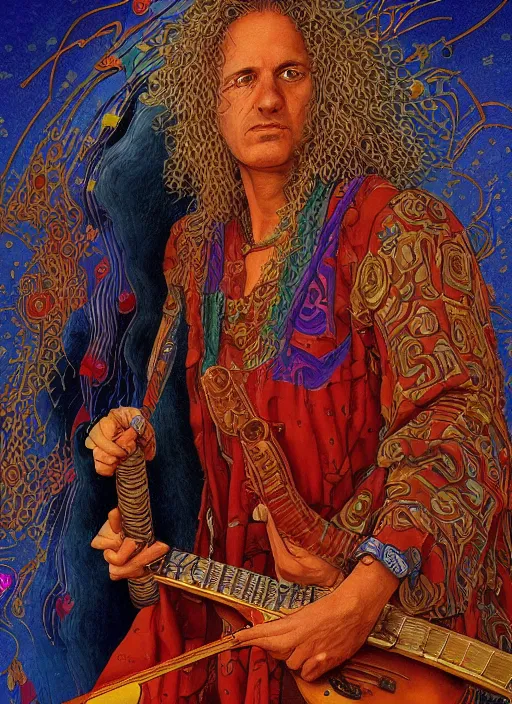 Image similar to an awesome jean giraud graphic art of pat metheny in the style of a renaissance masters portrait, mystical and new age symbolism and tibetan book of the dead imagery, intricately detailed, 4 k