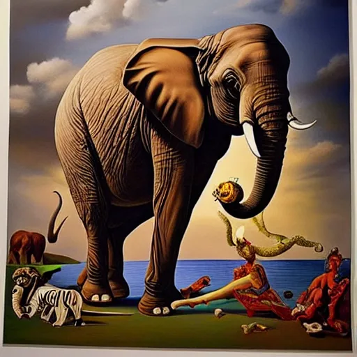Image similar to in the style of painter salvador dali circus of animals playing, Surrealism painting, hyperrealism, large elephant plays, high details, everything sharp focus, photorealism, real photo