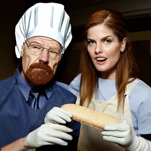 Prompt: alexandria dadario and walter white bake bread