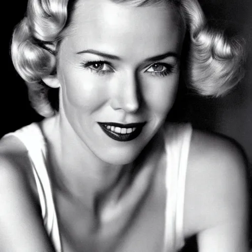 Prompt: Naomi Watts 1940s black and white 20th Century Fox promotional photo. Golden Age of Hollywood.