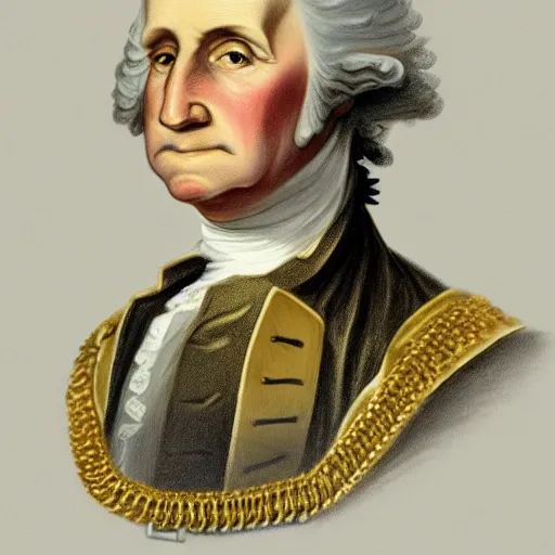 Image similar to a photorealistic colored pencil sketch of a distinguished George Washington wearing a gold chain around his neck with a small Doubloon coin attached as a necklace. This 4K HD image is Trending on Artstation, featured on Behance, well-rendered, extra crisp, features intricate detail and the style of Unreal Engine.