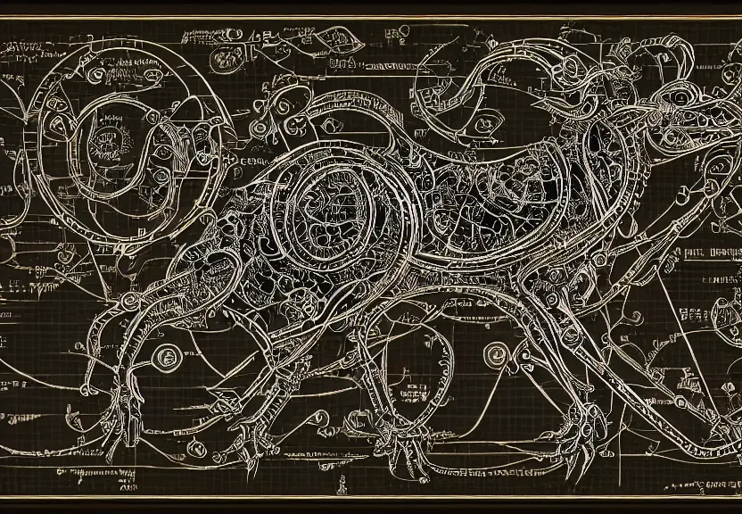 Image similar to small schematic blueprint of highly detailed ornate filigreed convoluted ornamented elaborate cybernetic rat, centered composition, wide angle, zoomed out, art by da vinci