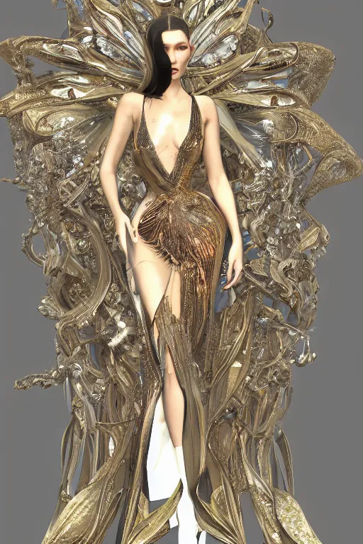 Image similar to a highly detailed painting of a beautiful alien goddess bella hadid in iris van herpen dress schiaparelli in diamonds in style of alphonse mucha trending on artstation made in unreal engine 4