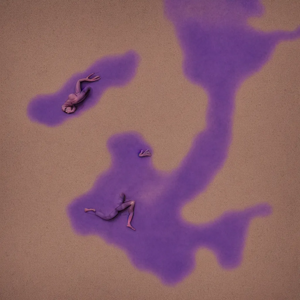 Image similar to aerial view of iridiscent oil spill in desert sand tempest with women corpses connected by cables and computers to wax forms to a buried baby relaxing on yoga mat, faded, purple gradient, dust, purple fog, depth of field, by werner herzog, hans bellmer and nadav kander, 8 k, sad atmosphere, cinematic