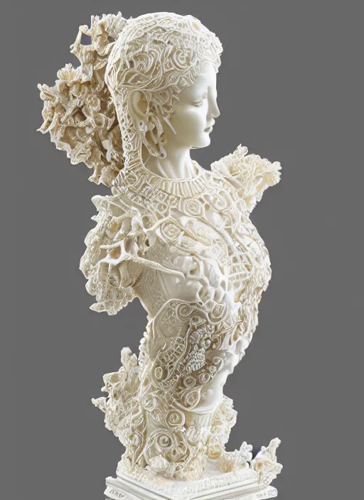 Image similar to romantic marble sculpture of beautiful woman, glistening, mandelbulb, masterpiece, rodin, michelangelo, hypercube, ivory carving, fractal paisley inlay, lace, intricate, elegant, highly detailed, gold inlay, metallic, ivory, artgerm, lace, by ruan jia and greg rutkowski