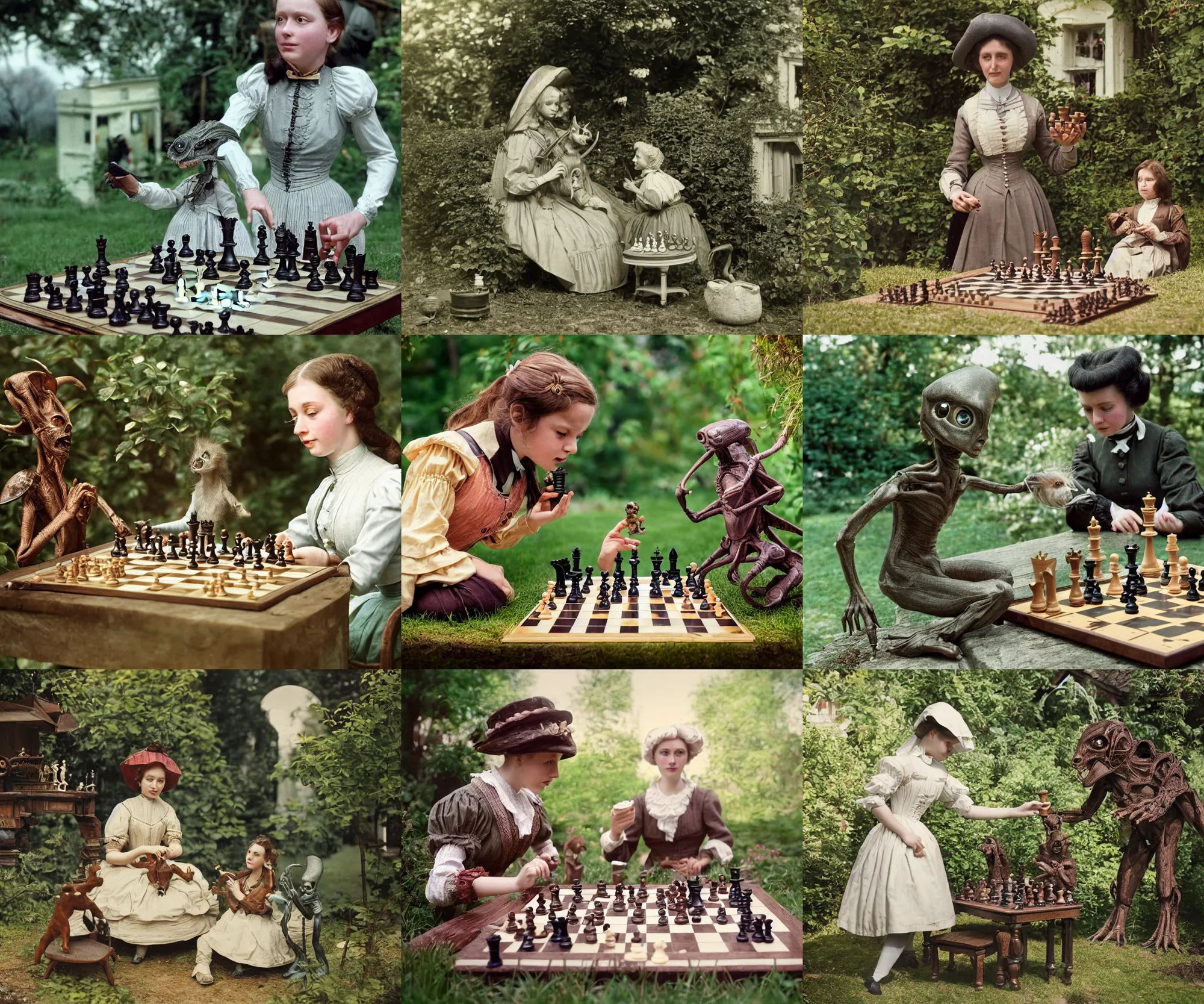 Prompt: detailed, sharp, a girl playing chess with her cute pet humanoid alien creature, wearing 1860s era clothes, in the garden of a house on an alien planet, extremely highly detailed, in focus faces, 70 mm film still from a period sci fi color movie, 4k, HD, cinematic lighting