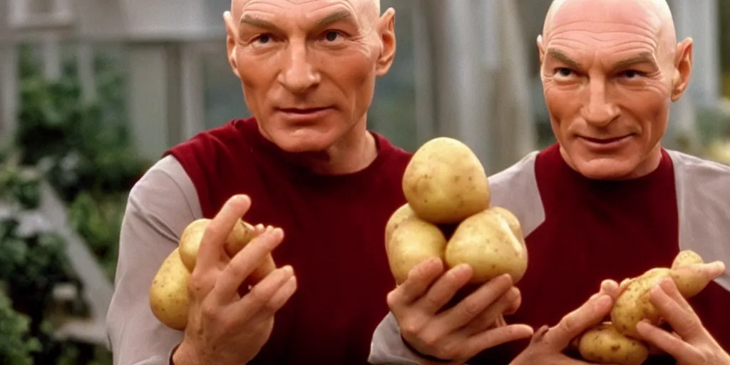 Prompt: a still from a 90s tv show of Captain Picard holding a potato