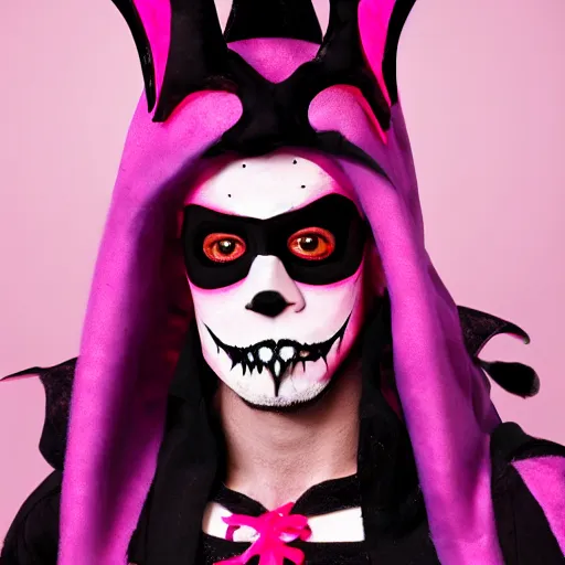 Image similar to bad bunny dressing up as a demon for halloween, artistic, pink pastel, realistic, close up, varying angles