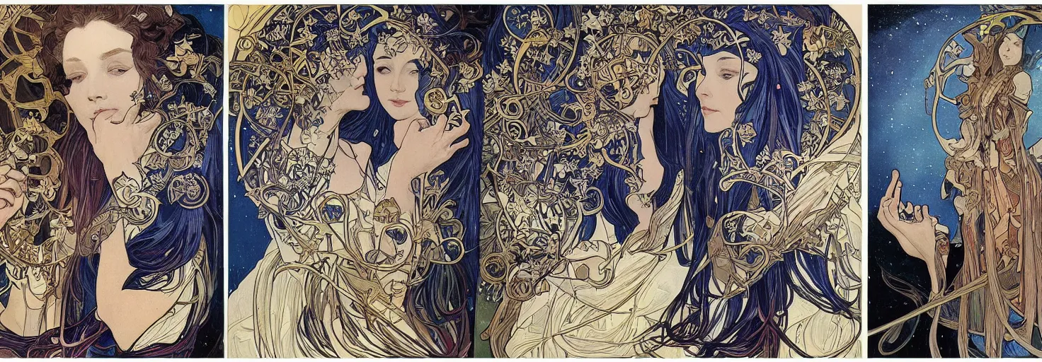 Prompt: the night, awardwinning art by sana takeda and alphonse mucha and rubens, maiden and fool and crone, cloaked dark winter night, futuristic math, astronomical star constellations and watch gears, traditional moon, candle, tattoo, ultramarine blue and gold, intricate stained glass,