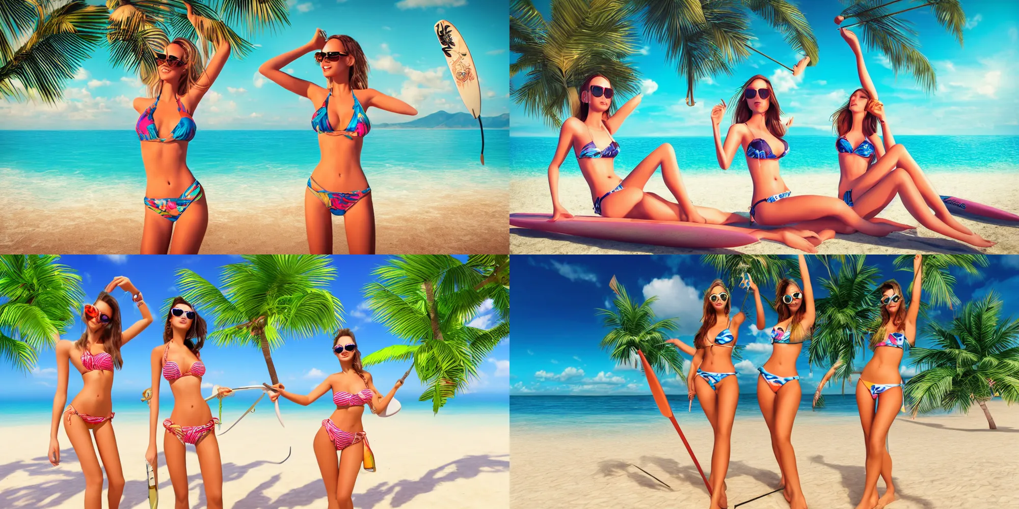 Prompt: extremely attractive bikini girls on a beach with lovely faces with palm trees high detail 3 d render octane art station digital art detailed sunglasses pose with surfboard beach bar summer