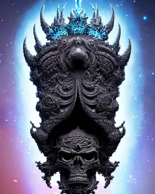 Image similar to 3 d ornate carved dark cosmic king with profile portrait, sigma 5 0 0 mm f / 5. beautiful intricate highly detailed quetzalcoatl skull. bioluminescent, plasma, lava, ice, water, wind, creature, thunderstorm! artwork by tooth wu and wlop and beeple and greg rutkowski, 8 k trending on artstation