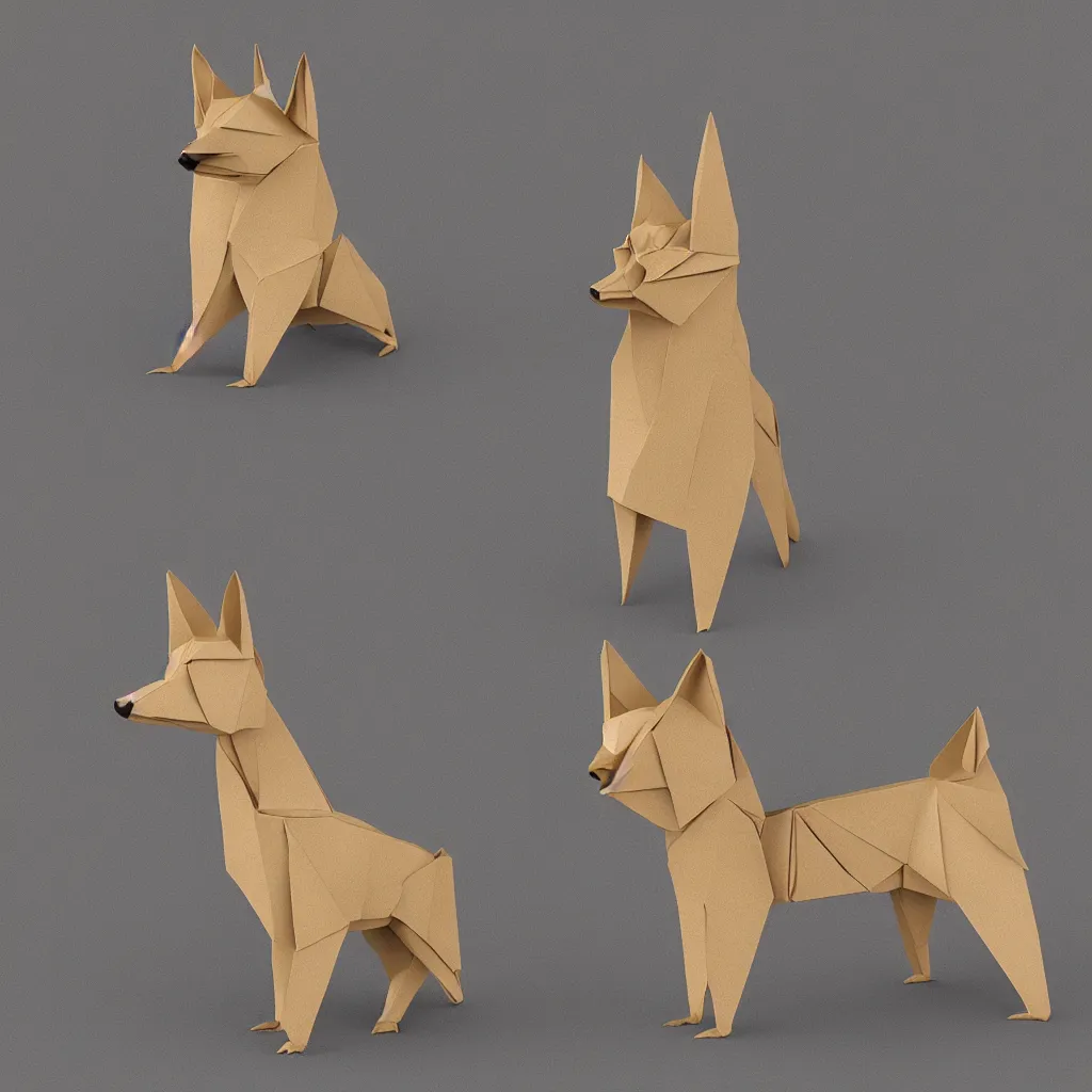 Image similar to 3 d rendering of japanese cardboard origami of simple shape of german shepherd, 2 d image, trending on artstation