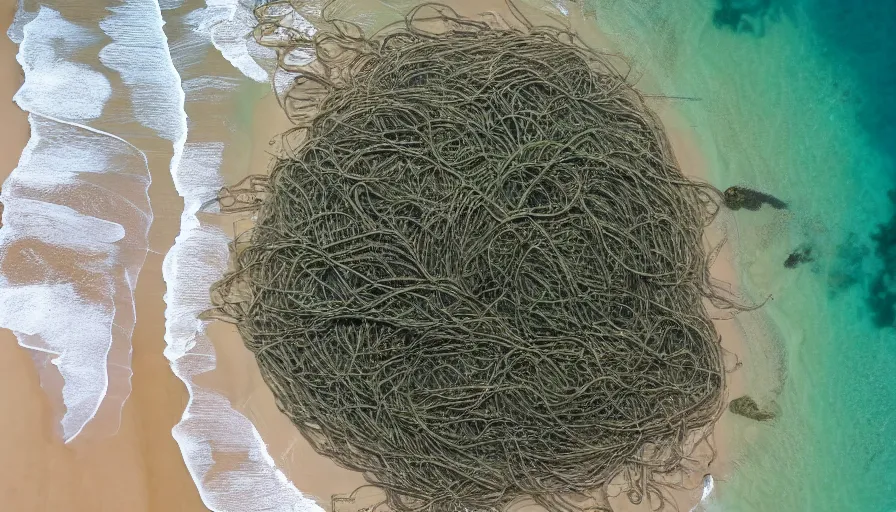 Prompt: CNN news footage taken from above. A huge Spaghetti Monster is washed up on the beach.