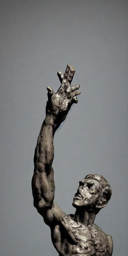 Prompt: A highly detailed cyberpunk brutalist angular greek statue of a person reaching hand out, sculpture