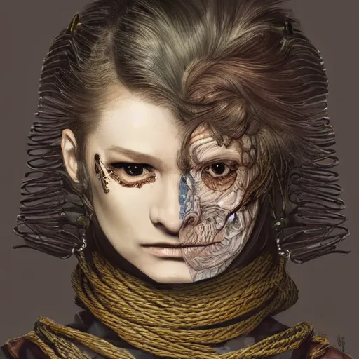 Image similar to portrait of a Shibari rope wrapped face and neck, headshot, insanely nice professional hair style, dramatic hair color, digital painting, of a old 15th century, old cyborg merchant, amber jewels, baroque, ornate clothing, scifi, realistic, hyperdetailed, chiaroscuro, concept art, art by Franz Hals and Jon Foster and Ayami Kojima and Amano and Karol Bak,