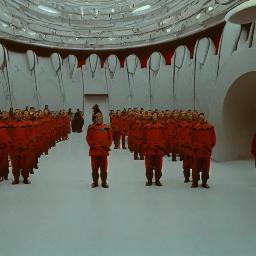 Prompt: Jodorowsky's Dune movie, cinema still, emperor's throne room with guards, faces in focus, colorful uniforms, wide angle, cinestill 400t film