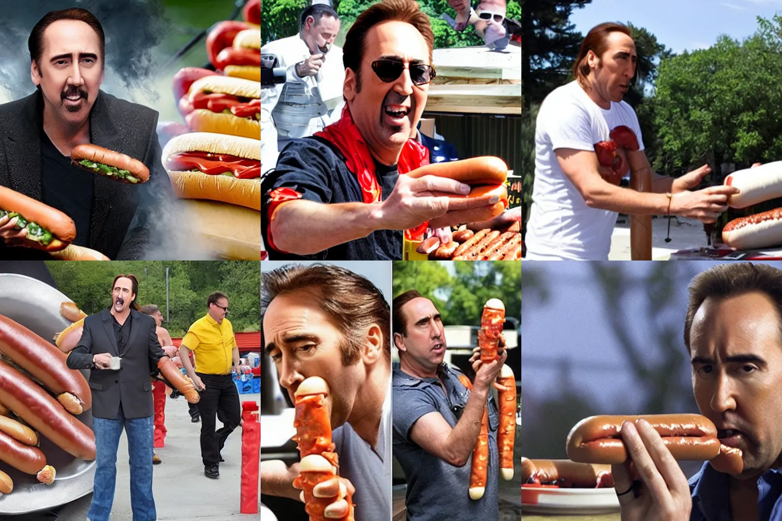 Prompt: Nicholas cage firing hot dogs out of a rocket launcher