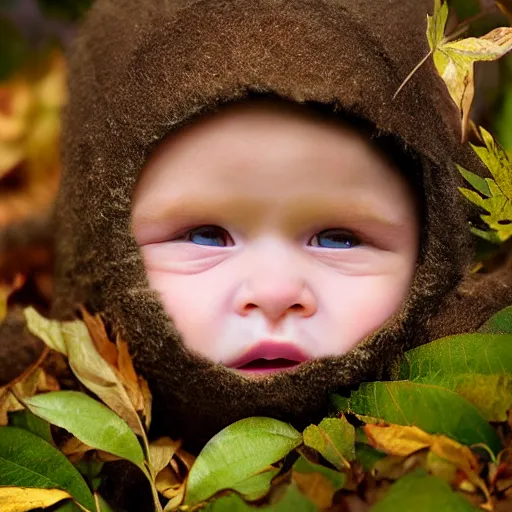 Image similar to award winning hyper realistic photograph of a baby sasquatch portrait hiding in the leaves peering out timidly with with large cute eyes