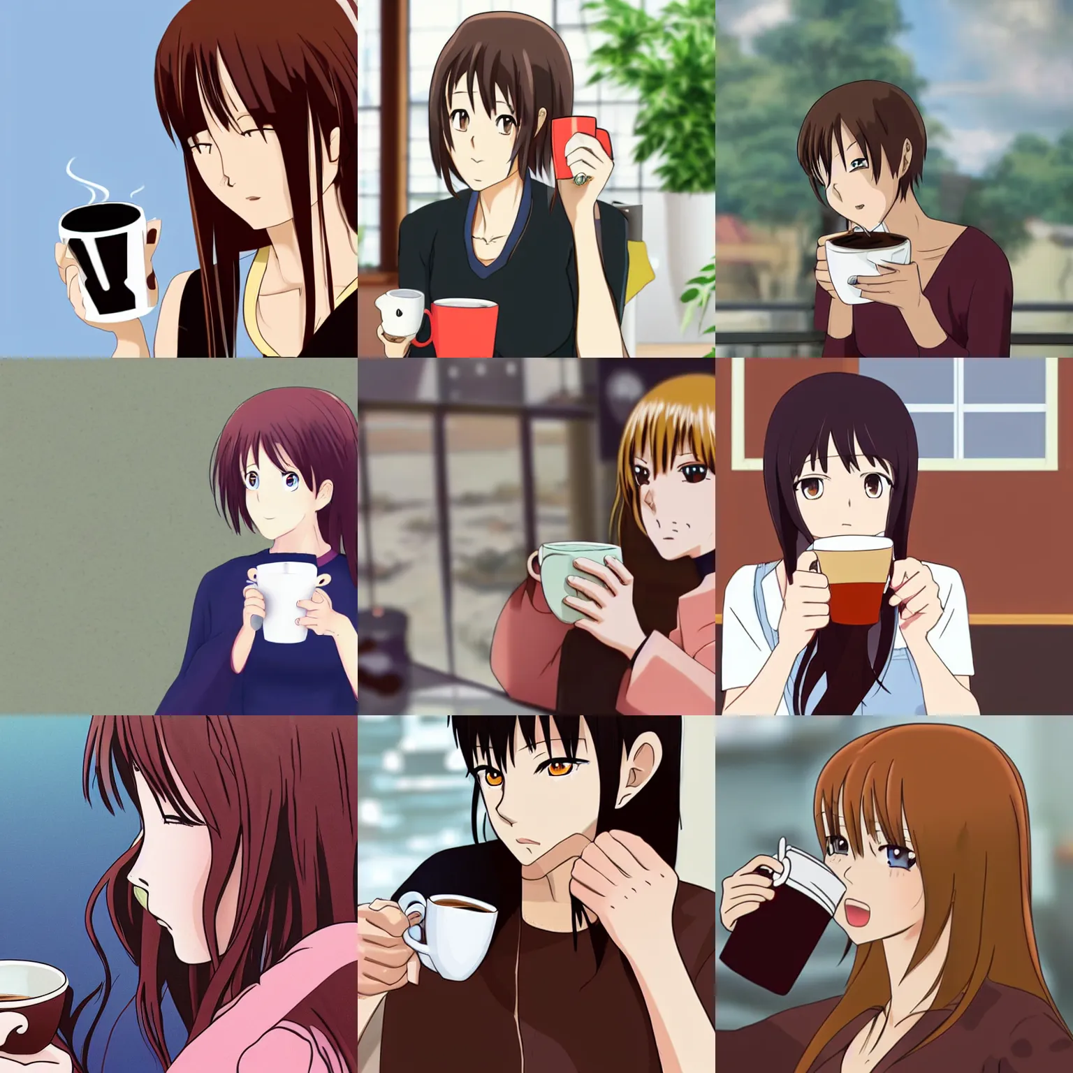 Prompt: Woman drinking coffee, anime still