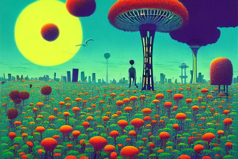 Image similar to surreal glimpse into other universe, seattle, summer morning, very coherent and colorful high contrast, art by!!!! gediminas pranckevicius!!!!, geof darrow, floralpunk screen printing woodblock, dark shadows, hard lighting, stipple brush technique,