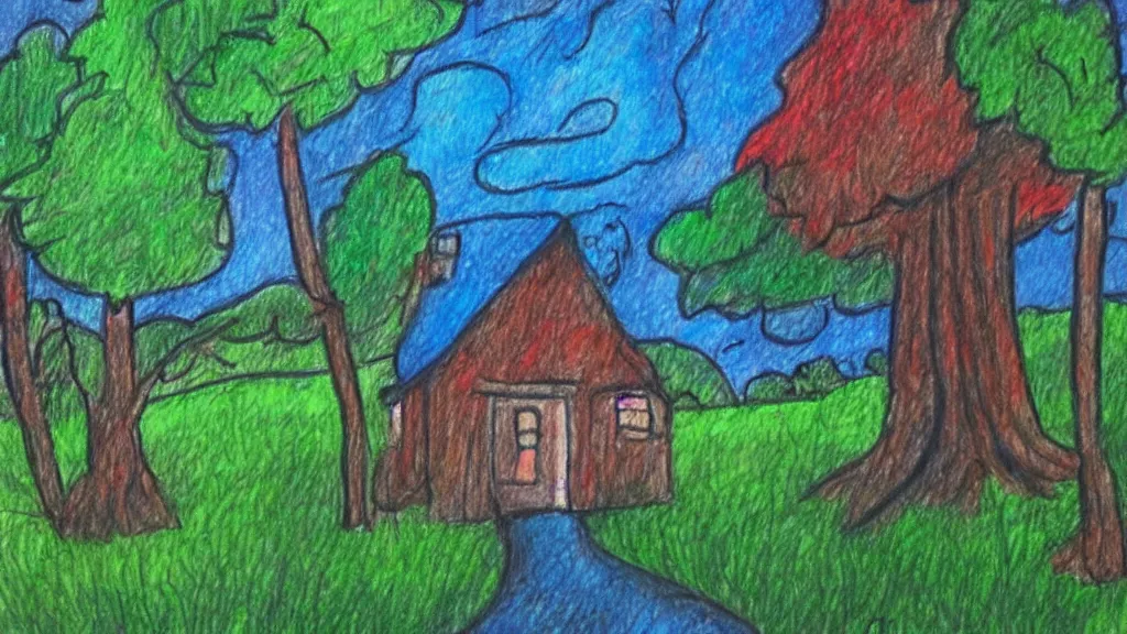 Prompt: a Crayons artwork drawing of a house in a forest