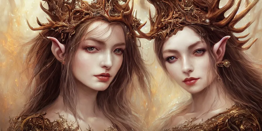 Image similar to a portrait of a female elf sorceress with antlers bathing in a lake by karol bak and jia ruan, beautiful detailed eyes, cute, fantasy, intricate, elegant, highly detailed, digital painting, 4 k, hdr, concept art, detailed jewelry, smooth, sharp focus, illustration, art by artgerm