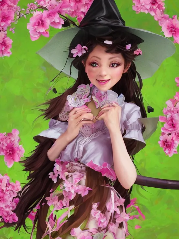 Prompt: Full shot of a cute mischievous young spring witch about to get up to some trouble with her playful bat familiar. Latin American fashion. Floral patterns. cherry blossoms. Pink and Lime Green palette. Magic. Latina girl. brown skin. defined facial features, symmetrical facial features. Smiling. By Ruan Jia and Artgerm and Range Murata and WLOP and Ross Tran and William-Adolphe Bouguereau. Key Art. Fantasy Illustration. award winning, Artstation, intricate details, realistic, Hyperdetailed, 8k resolution.