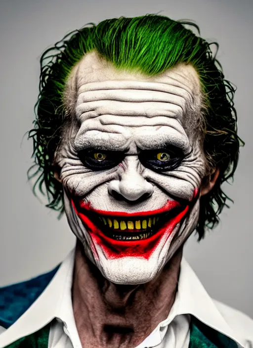 Prompt: photo of Willem Dafoe as the Joker by Eolo Perfido, big smile, head shot, detailed, award winning, Sony a7R