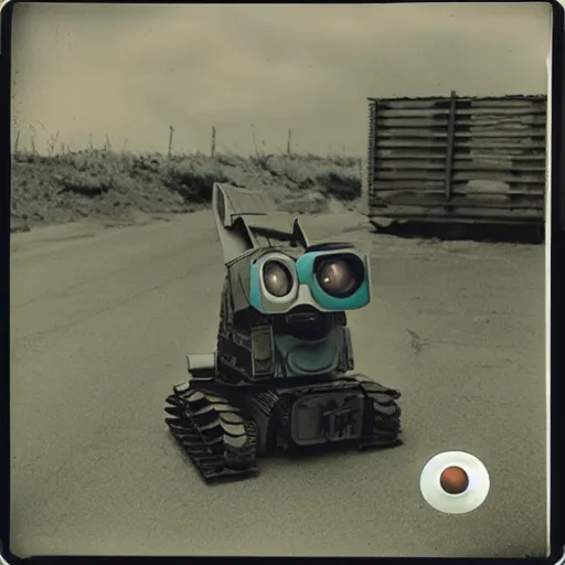 Prompt: WALL-E returning from the war, old polaroid