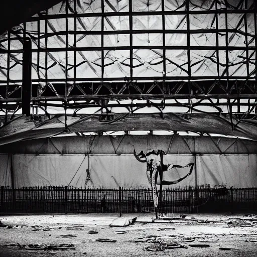 Prompt: abandoned circus, there is one person in the middle of the stage, photograph, 50mm