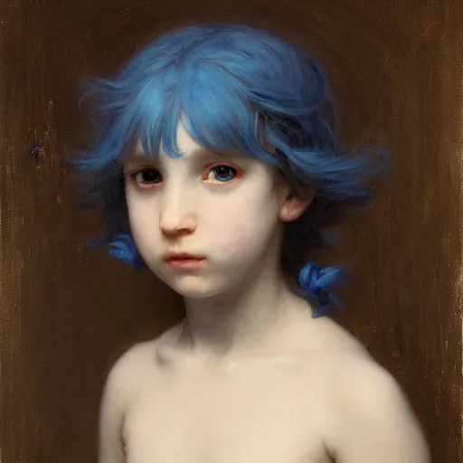 Prompt: little angry girl with blue hair. By Bouguereau. Ruan Jia. Ayami Kojima. Masterpiece