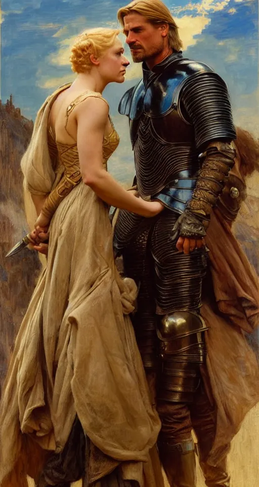 Prompt: attractive fully clothed jaime lannister confesses his love for attractive fully armored brienne of tarth. highly detailed painting by gaston bussiere and j. c. leyendecker 8 k