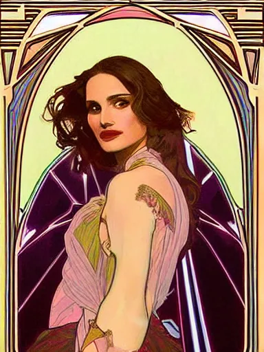 Prompt: a beautiful painting of natalie portman by Alphonse Mucha and by joe quesada, Art Nouveau, Neo-Gothic, gothic, award winning painting, hyperdetailed, detailed